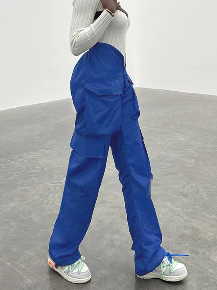 Weekeep Vintage Big Pocket Patchwork Cargo Pants Women Baggy Elastic High Waist Casual Pants Harajuku Capris Streetwear Trousers