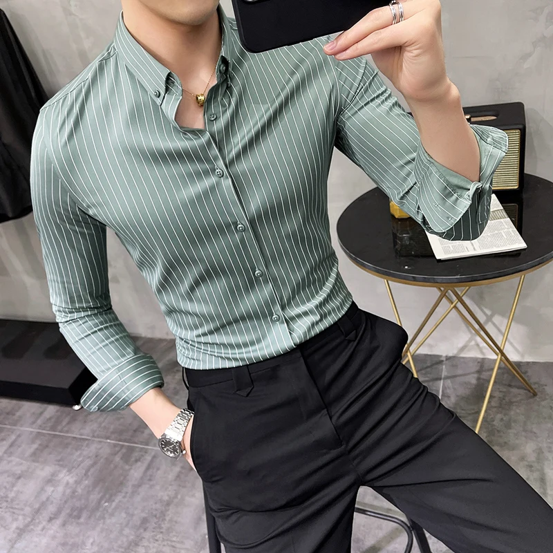 

2022 Summer Fashion Shirt Long Sleeve Men Japan Style Striped Thin Shirts Korean Casual Clothes Handsome Classic Chic Tops W125
