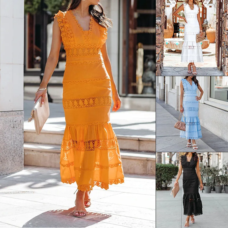 

Женское кружевное платье-миди без рукавов, с V-образным вырезом