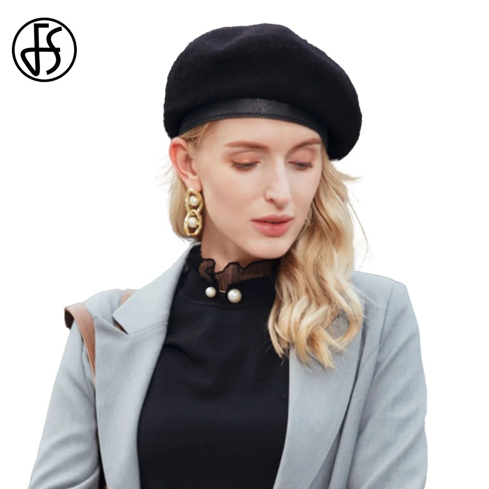 

FS Black Elegant Women Beret French Artist Hat Winter Warm Wool Beanie Solid Color Fedoras Lady Fashion Concise Red Painter Cap