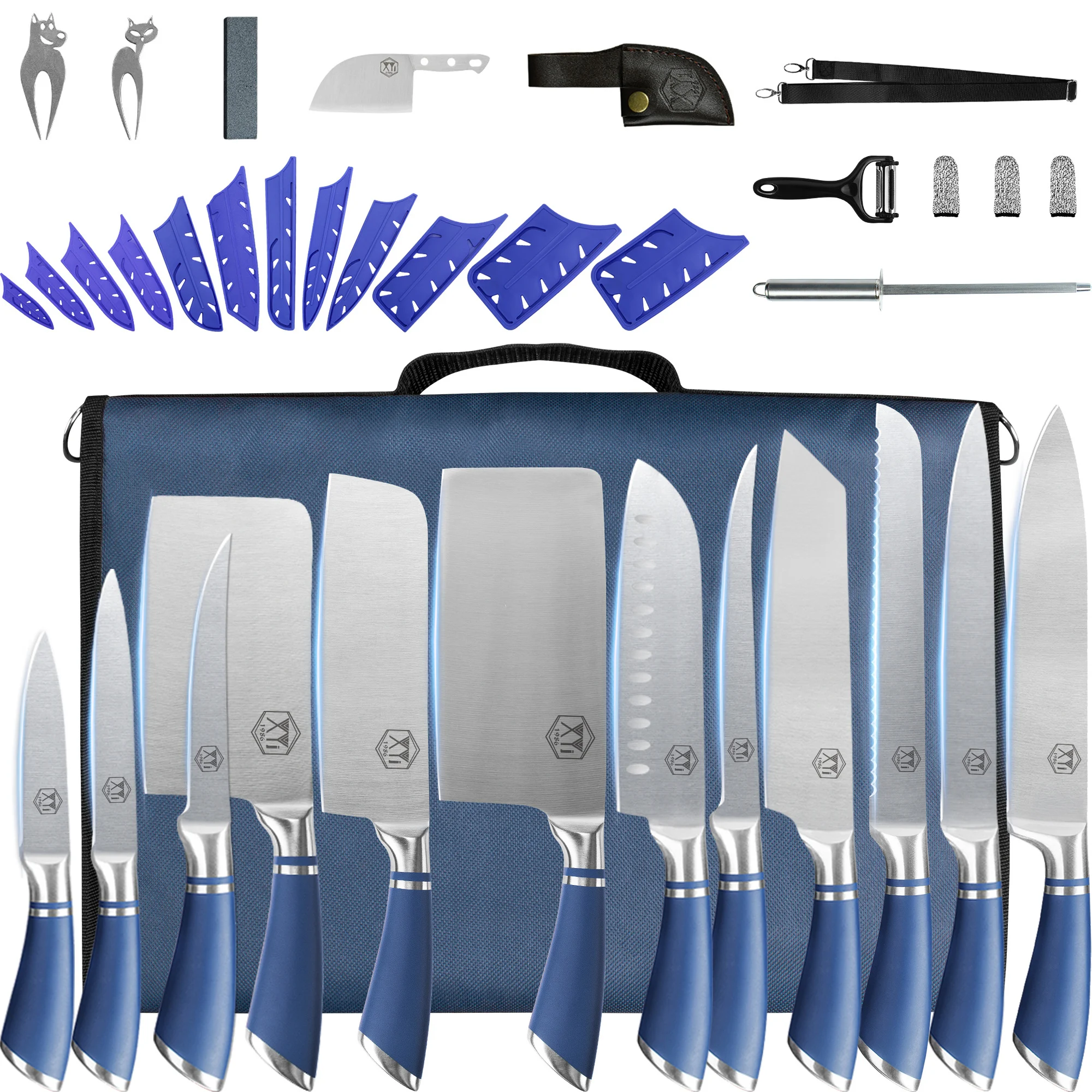 

Xyj 13 шт. кухонные ножи из нержавеющей стали с лазерным лезвием, инструменты для шеф-повара, столовые приборы с сумкой, точильный стержень