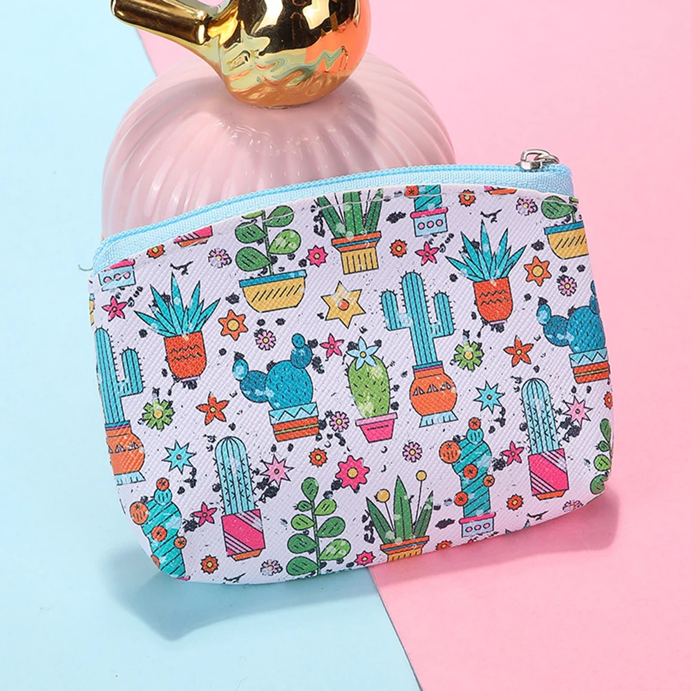 Hot 1PCS Women PU Zipper Small Coin Bags Cactus Printing Fresh Mini Coin Holder Purses Girl Children's Wallet Key Purse Pouch