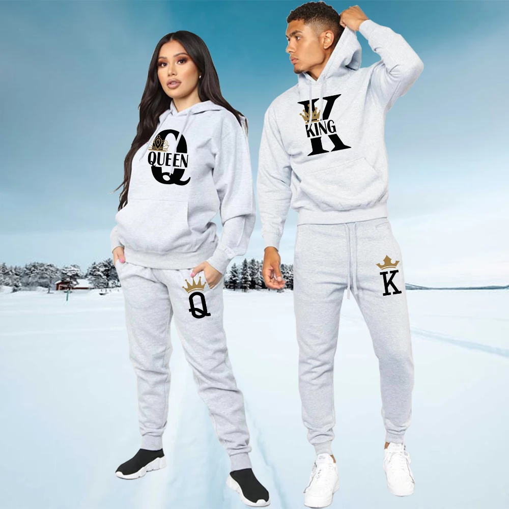

Couples Hooded Sportswear Set KING and QUEEN Print Clothes 2 Piece Set Plus Size Hoodie and Pants 2022