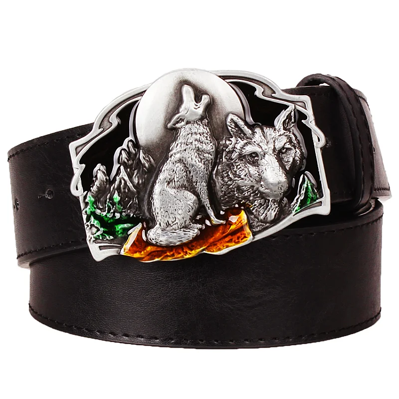 Men Belt Wolf Pattern All-Metal Buckle Wolves Totem Coyote Sign Casual Jeans Waistband