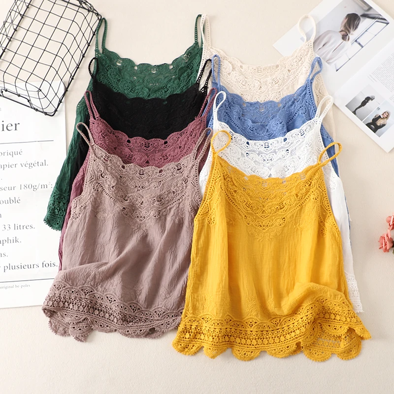 

Literary Cotton Hollow Lace Lace Women's Summer New Loose Sleeveless Bottoming Sling