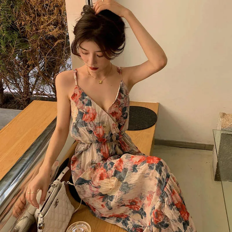 

Женское платье с рисунком под масло, летнее сексуальное платье макси в праздничном стиле с V-образным вырезом, элегантное платье с высокой т...