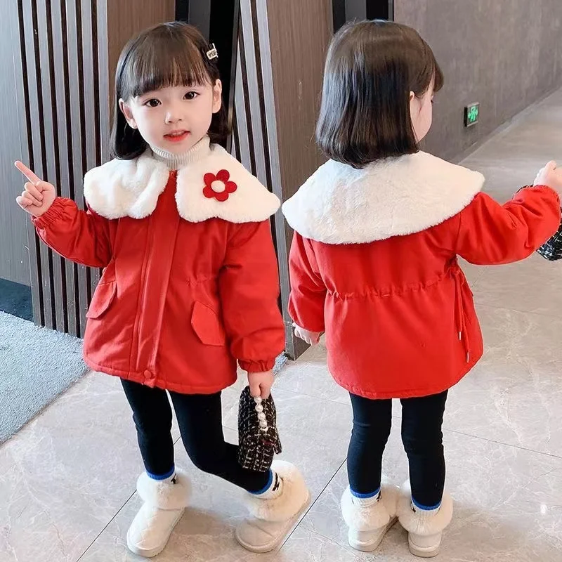 

Girls Jacket Autumn and Winter Girls Thickened Long-sleeved Warm Cotton Clothes Baby Cardigan Plus Velvet Warm Cotton Trench