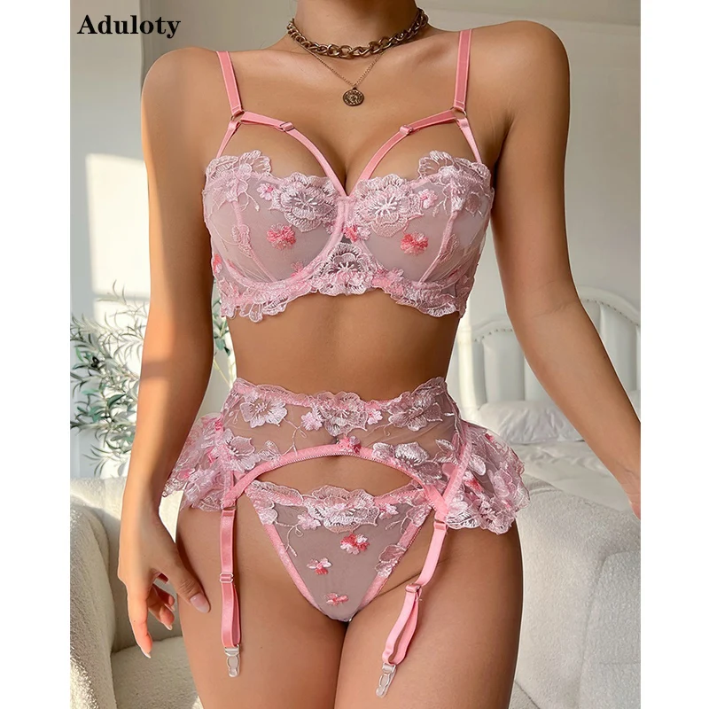 

Aduloty Women Sexy Underwear Thin Lace Flower Exquisite Embroidery Erotic Lingerie Underwire Gathering Bra Garter Thong Pink Set