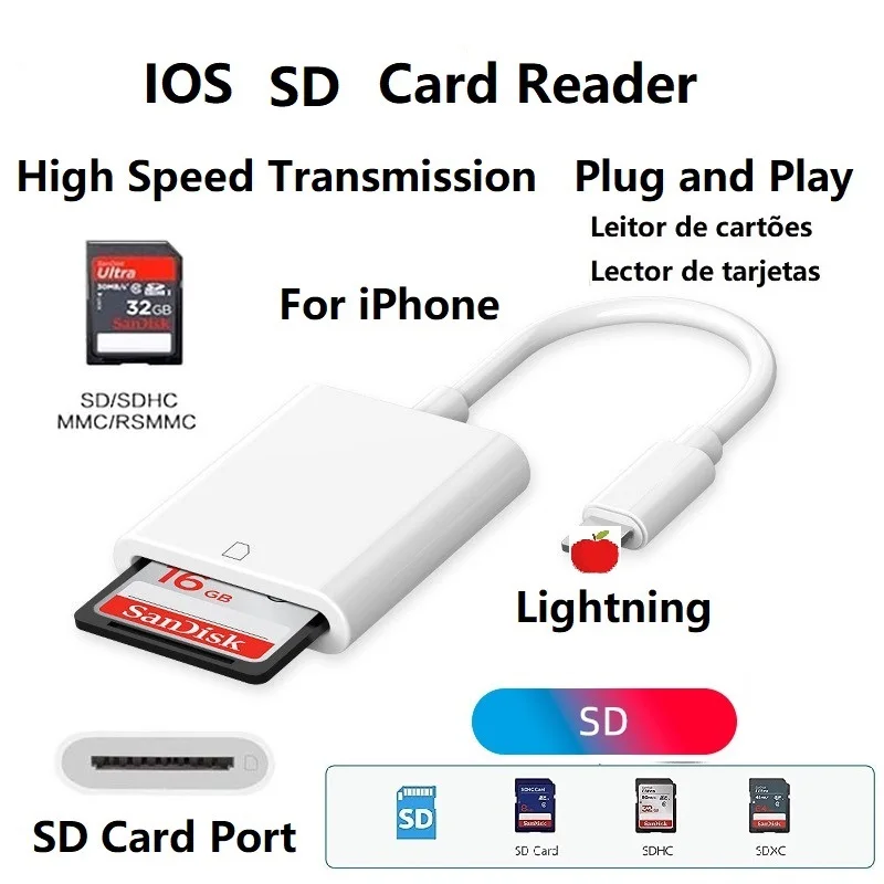 

Адаптер Lightning для чтения SD-карт, IPhone, IPad, IOS