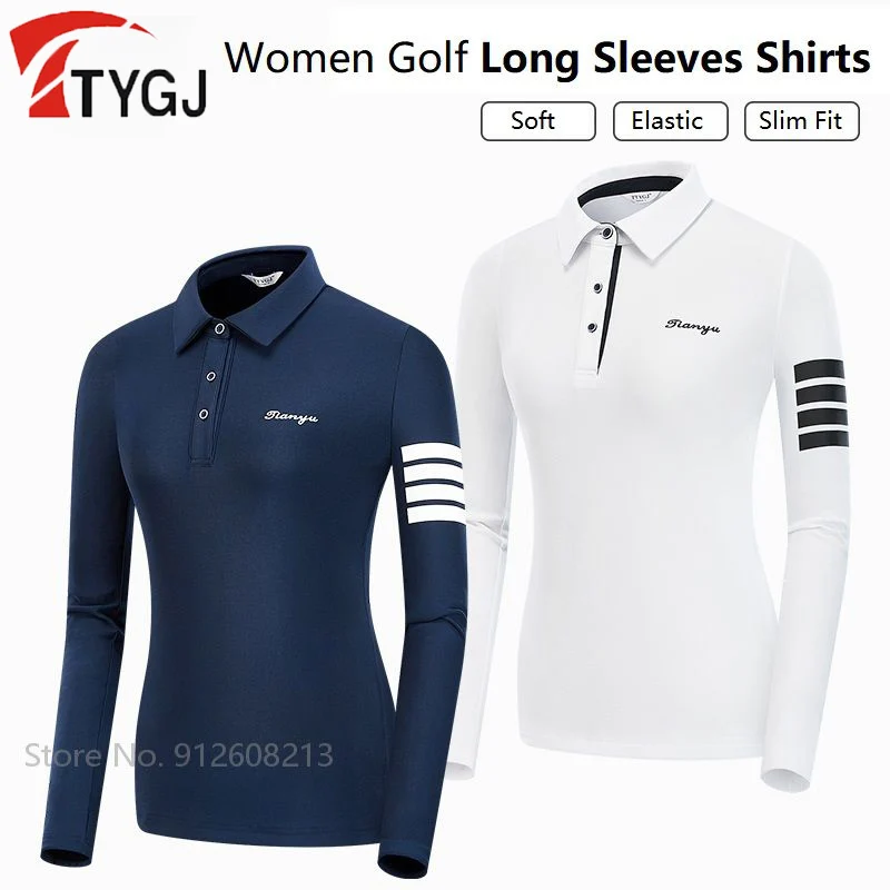

TTYGJ Spring Women Long Sleeves Golf Shirts Breathable Golf T-shirts for Ladies Slim Fit Sports Polo Shirt Turn Down Collar Tops
