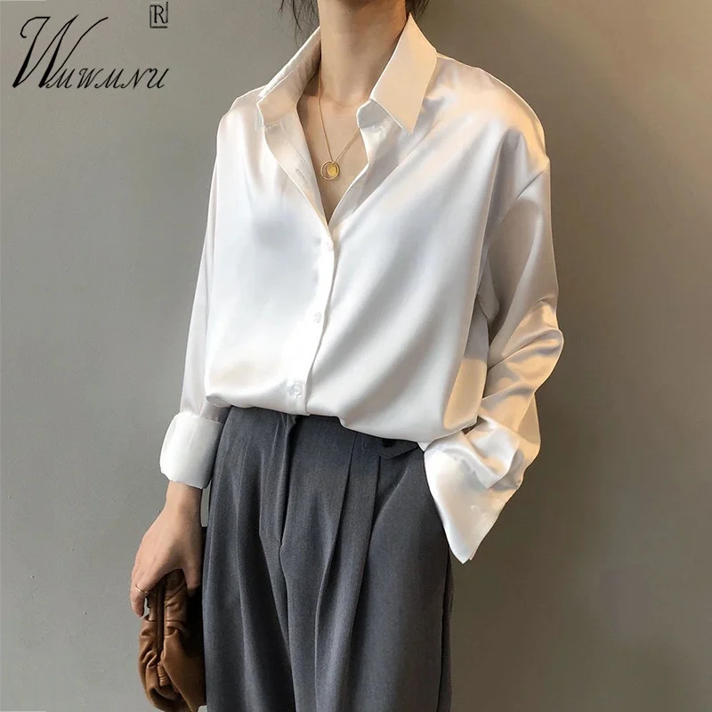 

Basic White Satin Blouses 2023 Fashion Thin Spring Shirts Women Loose Office Lady OL Blusas Turndown Collar Long Sleeve Tops
