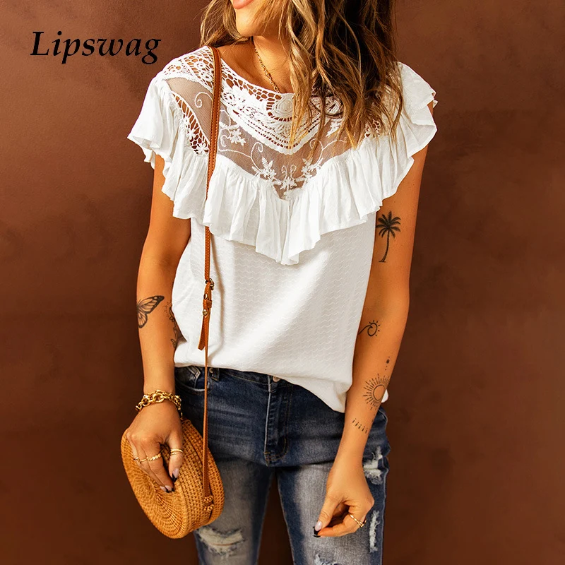 

Женский кружевной жилет с оборками, Свободный Топ с круглым вырезом, весна-лето 2022