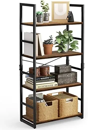 

Bookshelf, 5-Tier Bookcase, Storage Bookshelves, Tall Ladder Shelf Organizer, Display Shelf with Steel Frame, Vintage Standing S