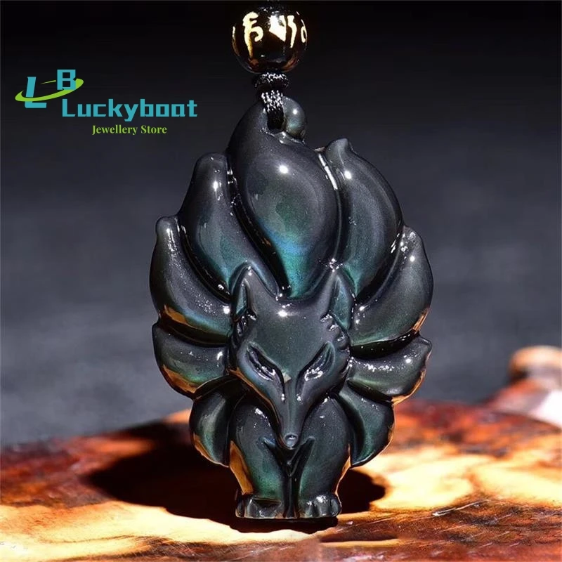 

New Style Natural Rainbow Eye Obsidian 3D Nine-tailed Fox Fairy Pendant Obsidian Necklace for Men or Women Wholesale