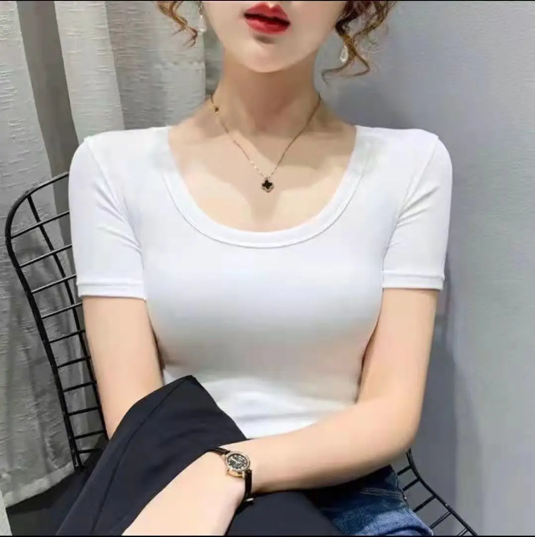 

2022 Всесезонная хлопковая короткая футболка с u-образным вырезом, вязаная эластичная женская верхняя одежда с коротким рукавом, универсальн...