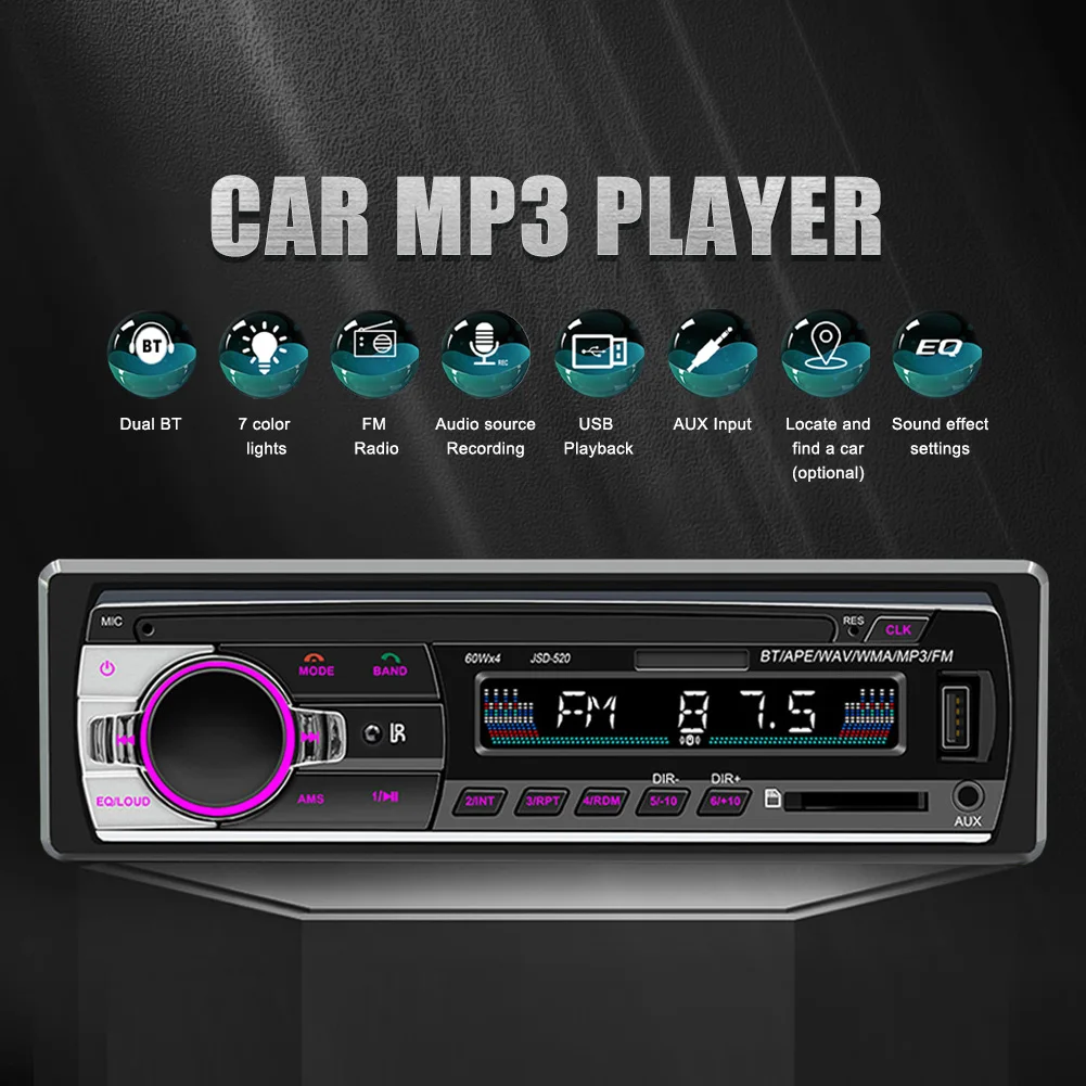 

12 В автомобильная аудиосистема Bluetooth-совместимая стерео Автомагнитола MP3-плеер USB/TF/AUX аудиовход поддерживает MP3/WMA/WAV гарнитура для звонков