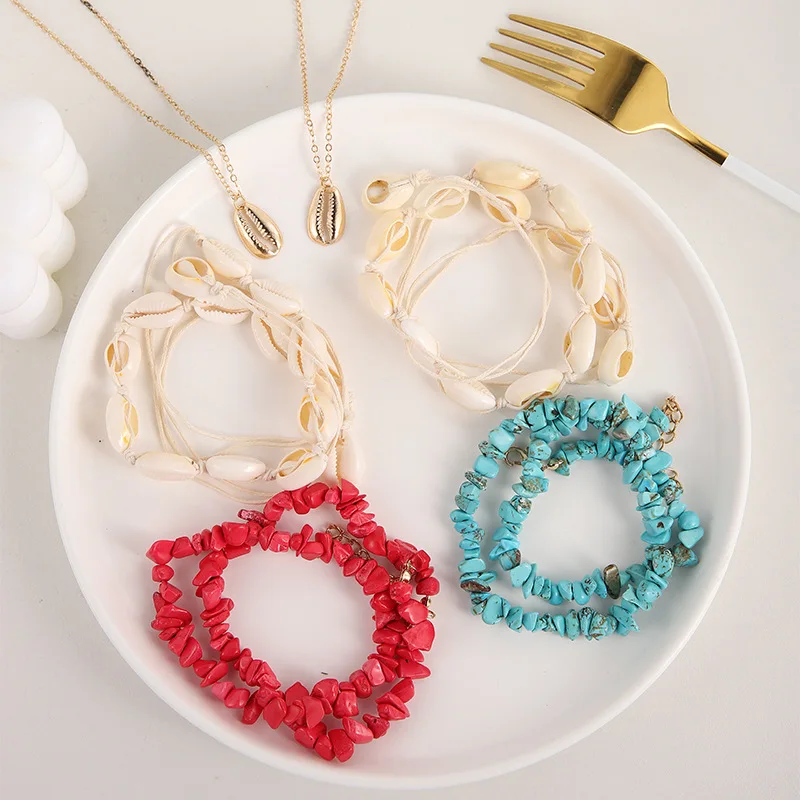 

New Bohemia Gold Color Chains Multilayers Natural Green Stone Beads Shell Pendant Necklace for Women Boho Necklace Jewelry