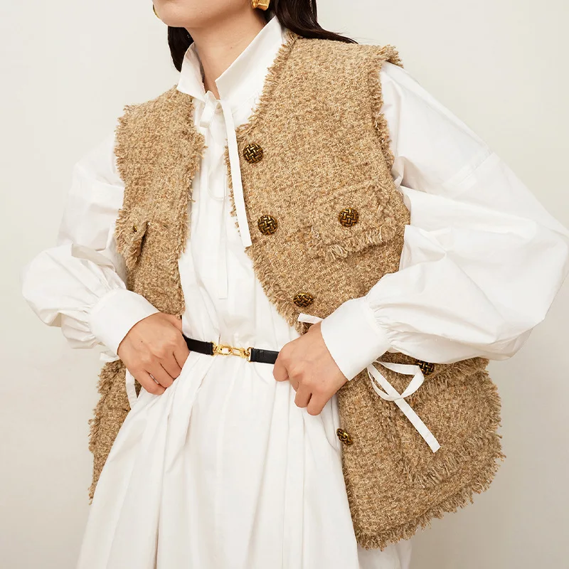 

Женский твидовый жилет с кисточками, элегантная однотонная винтажная трикотажная куртка с круглым вырезом и четырьмя карманами, повседневный жилет без рукавов, осень 2022