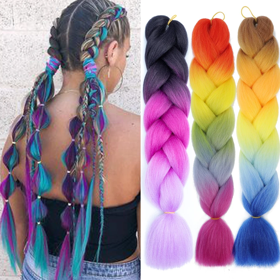 

Радужные праздничные синтетические плетеные волокна для волос, плетеные косы, джунгли, бабочки, лоскутные волосы Jumbo волосы кроше для наращ...