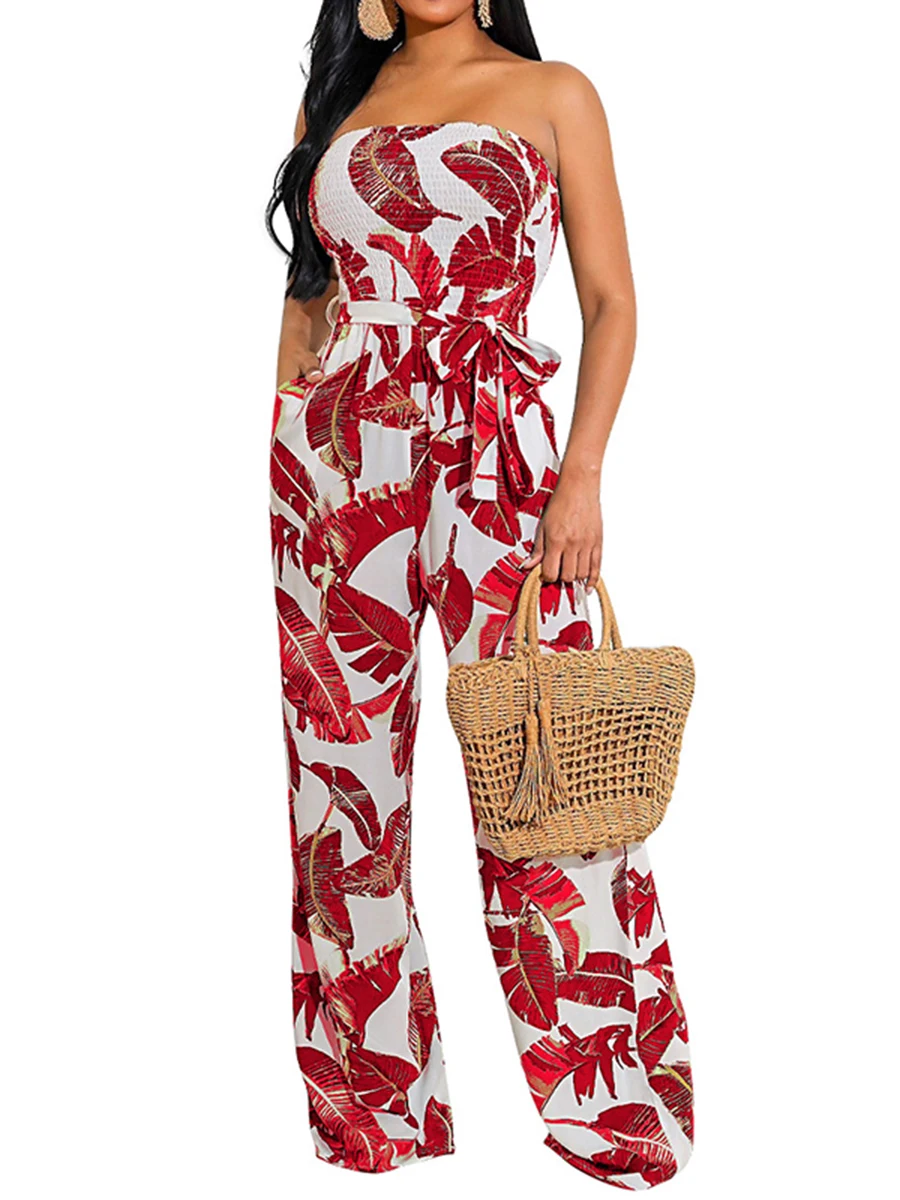 

Women s Summer Floral Off Shoulder ruffled High Waist Wide Leg Pants Sleeveless Boho Casual Loose Jumpsuit