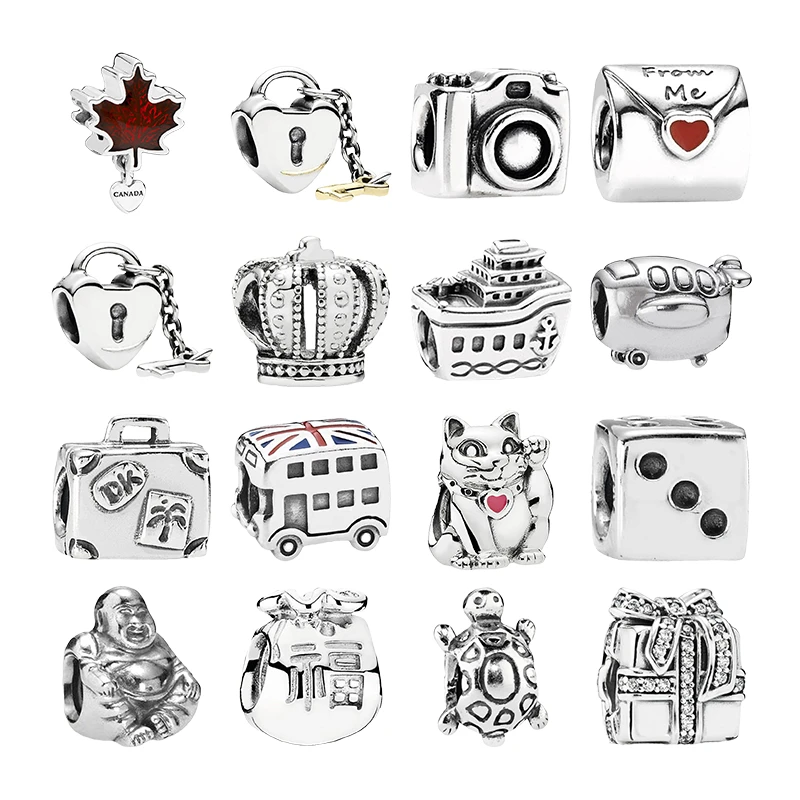 Silver 925 Beads For Women Canada Map Leaf Key Camera Letter Crown Airplane Suitcase Lonon Bus Cat Dice Turtle Love Heart Charms