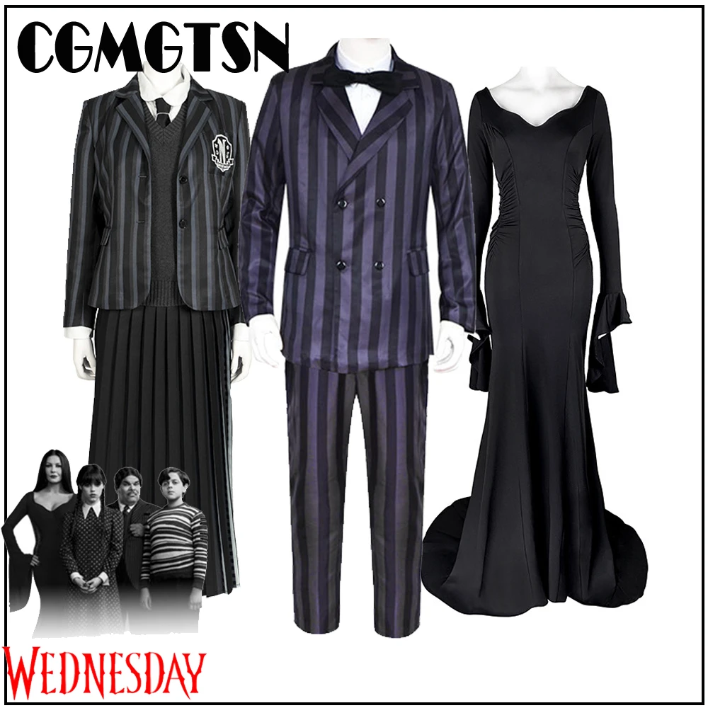 

CGMGTSN Wednesday Addams Family Cosplay Costume Women Adult Men Nevermore Girls School Uniform Gomez Morticia Dress Suit Wig
