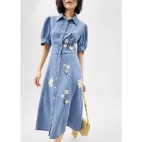 2022 appliques denim dress a line vintage puff sleeve mid calf birthday dress for women floral jeans dress for women