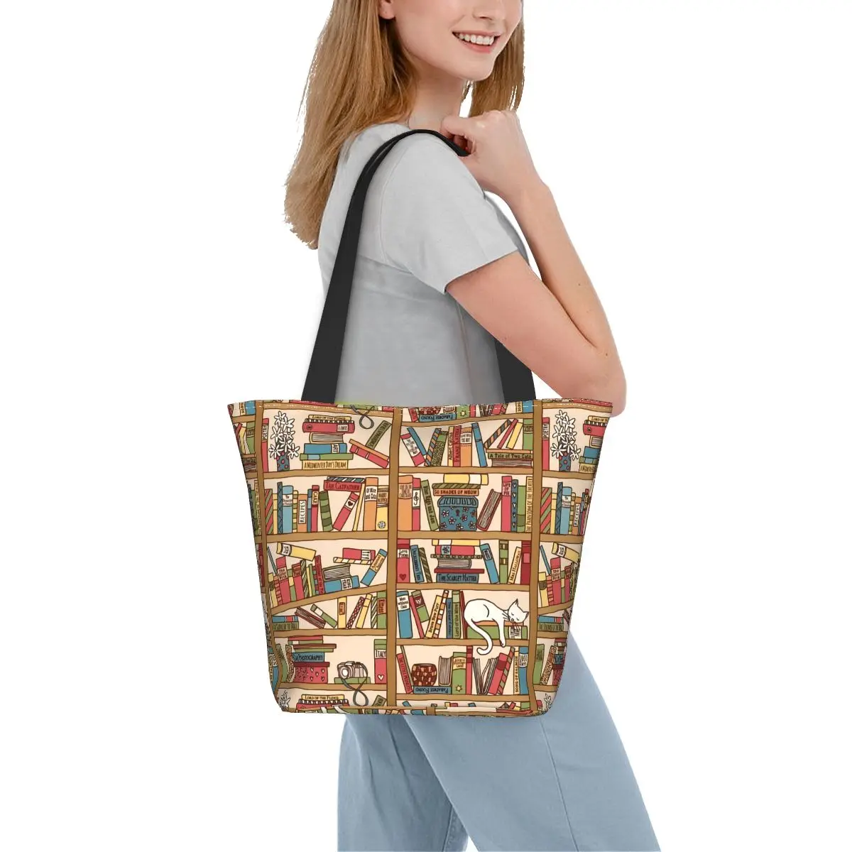 

Сумка для покупок с изображением библиотеки кошек, книжные полки, сумки для покупок, женская школьная тканевая сумка-тоут, повседневные сумки с графическим рисунком