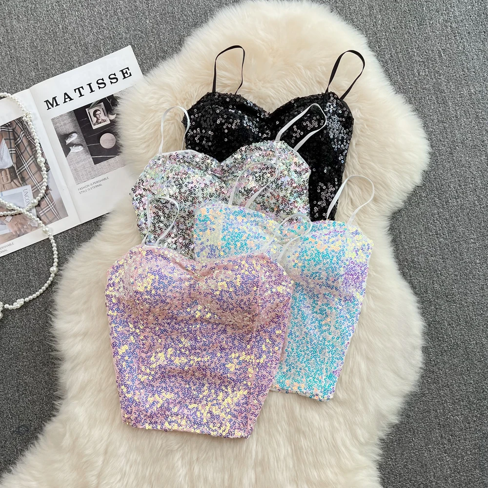 

Вечерние ный вечерний бюстье на бретелях-спагетти с блестками, облегающие майки с открытой спиной и топ на бретелях, блестящий кроп-топ, мод...