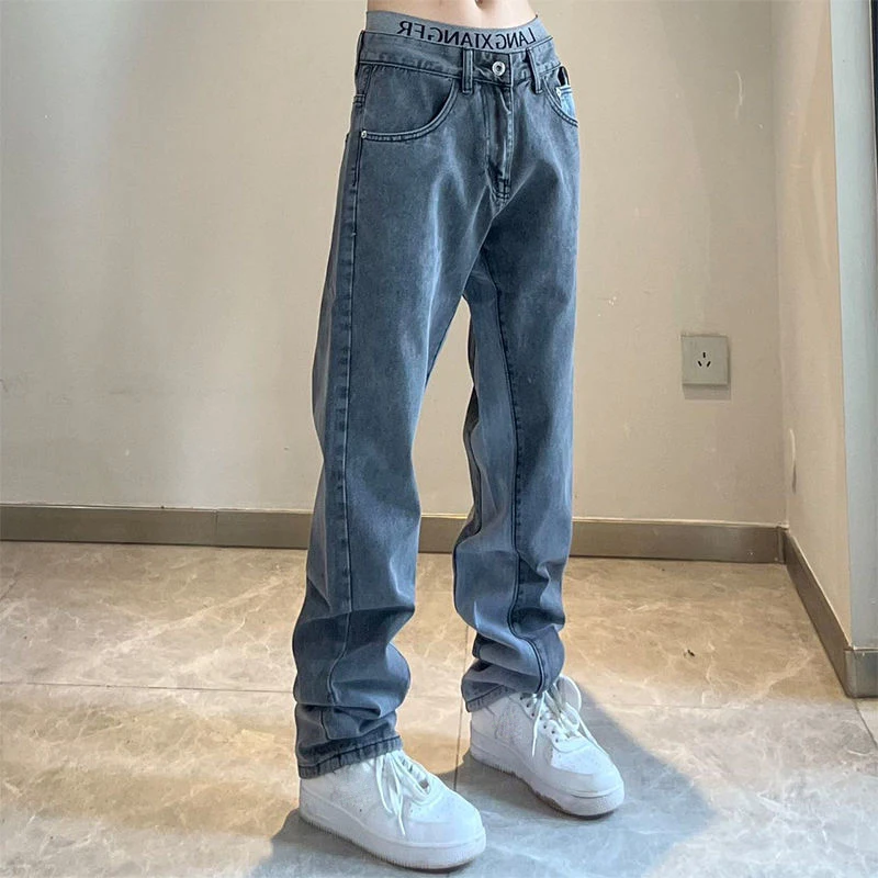 Retro Washed And Old Smoke Gray Stitching Jeans Slim Straight Casual Trousers Men And Women Spring New mens jeans