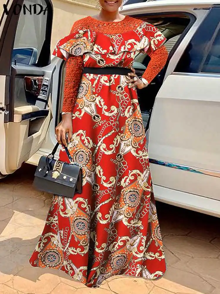 

Plus Size 5XL VONDA Bohemian Maxi Dress 2022 Autumn Lace Patchwork Belted Printed Party Sundress Long Sleeve Casual Ruffled Robe