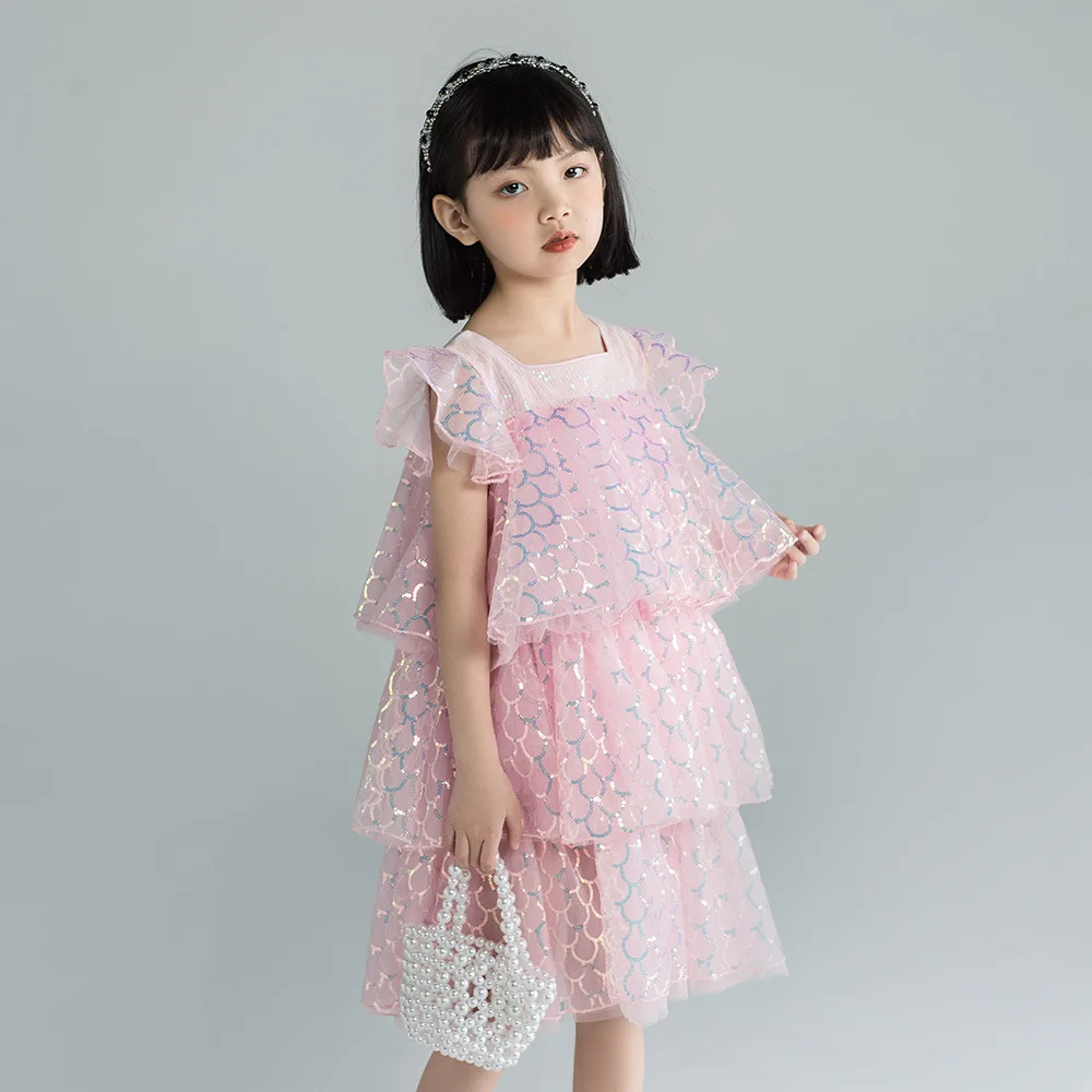 

Summer Girls Layered Dress Sleeveless Mesh Princess Dresses for Kids New Sequined Pink Ball Gowns 10 12 Years Children Clothing
