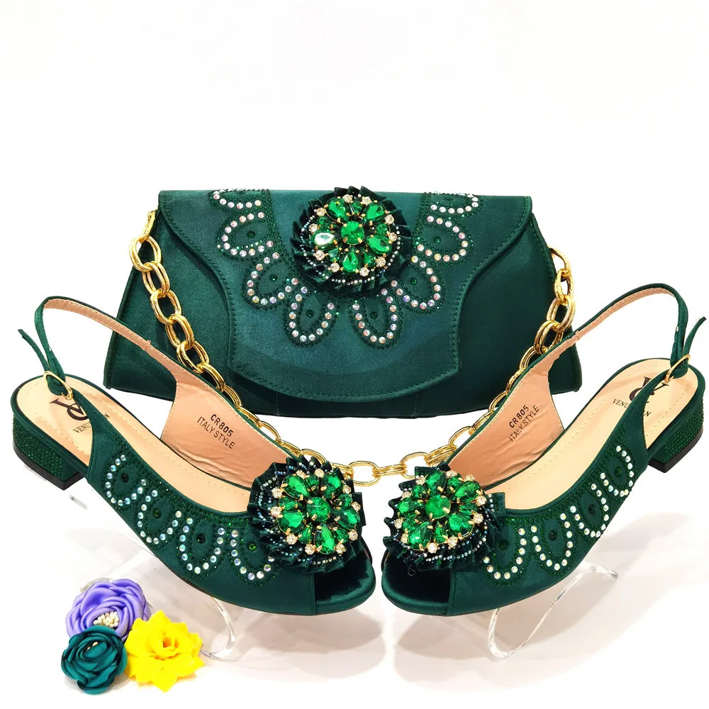 

Green Color Italy Shoe and Bag Set Decorated with Rhinestone High Quality African Women Wedding Shoes and Bag Set Party Shoes
