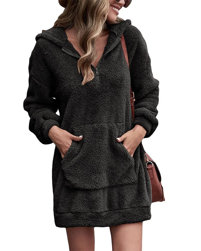 

Winter Double-sided Fleece Hoodies Sweatshirt Women Casual Solid Color Flannel Pocket Pullovers Ladies Loose Warm Jumper Tops