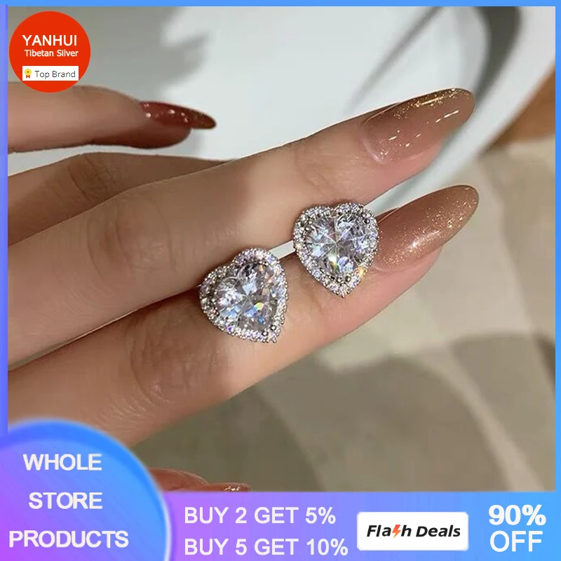 

Never Fade Original Silver Needle Earrings High Quality Cute Heart Zircon Stud Earrings Women Fashion Allergy Free Jewelry