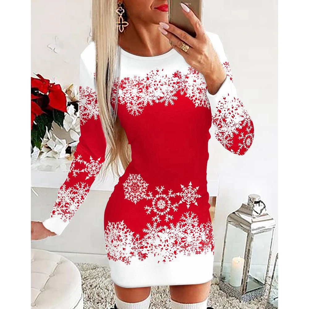 New Year Women Christmas Snowflake Print Bodycon Dress Casual Long Sleeve O Neck Mini Red Dresses Female Casual Clothing y2k