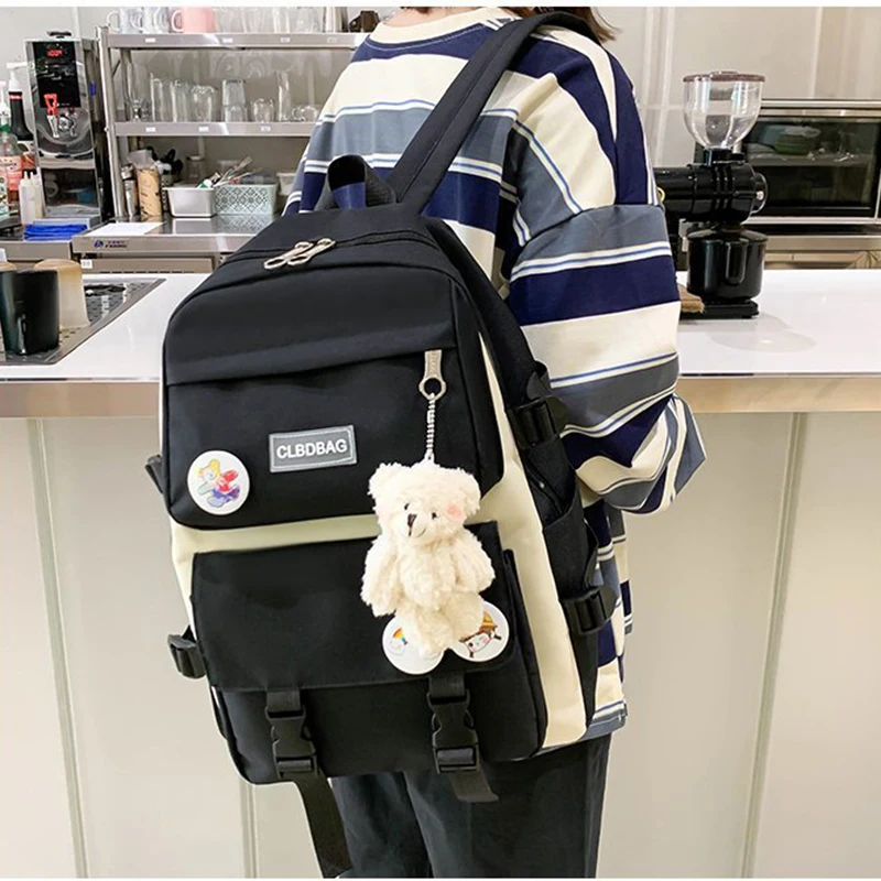 2022 Fall 4Pcs SET Women Laptop Backpack Harajuku Canvas School Bag Teenage Girls Kawaii College Student Kids Book Bag Rucksack
