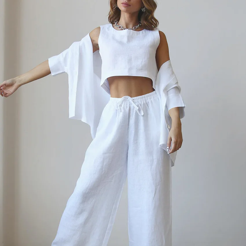 

100% Cotton Woman 3 Pieces Set Casual Tank Top +Shirt+ High Waist Pants Trouser Suits Comfortable Tracksuit