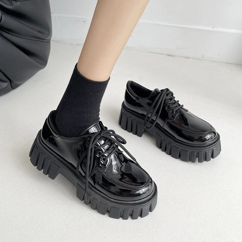 

Patent Leather Platform Oxford Shoes for Women 2023 Spring Casual Lace Up Flats Woman Black Chunky Shoes Zapatillas Mujer