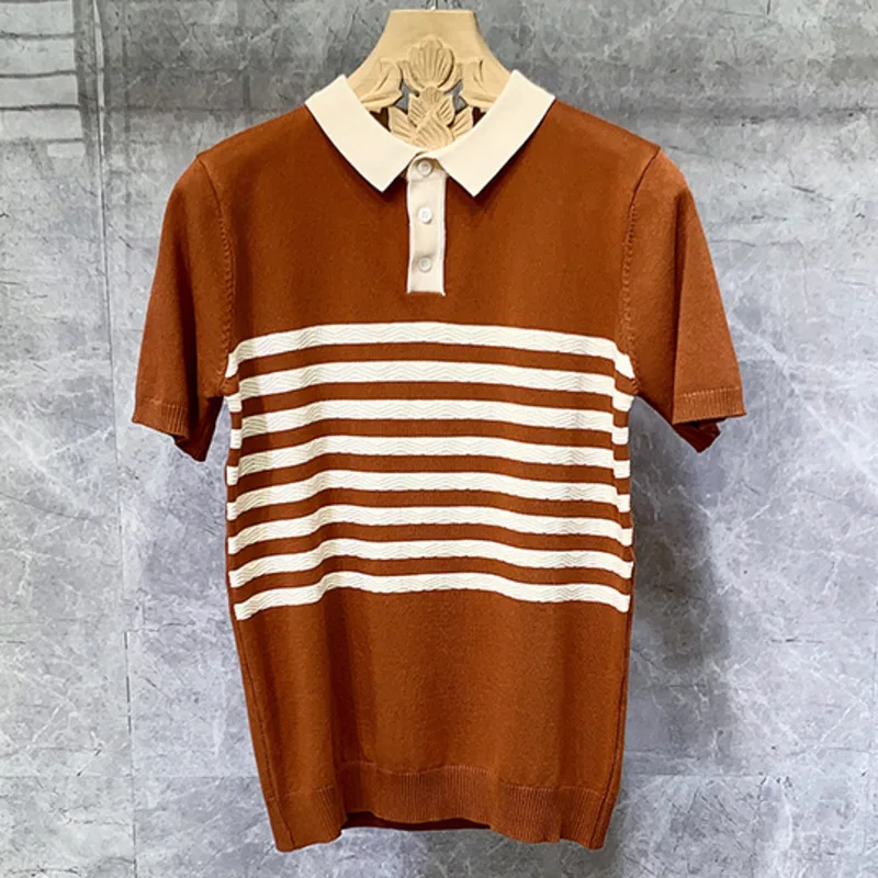 

2023 Summer Knit Lapel T-shirt Polo Camisa Hombre British Contrasting Stripes Casual Slim Lapel Polo Men's Shirt Mannen Polo