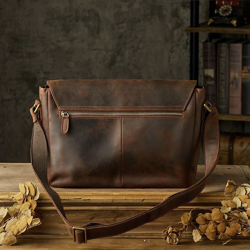 Retro fashion natural real leather men coffee messenger bag everyday outdoor crazy horse cowhide single shoulder messenger bag