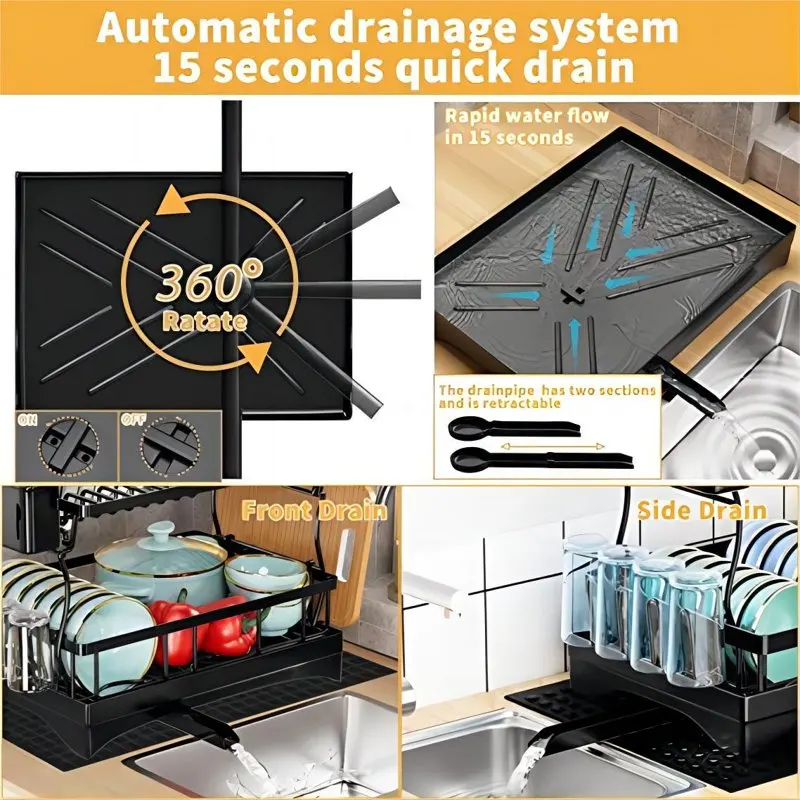 

Sleek 17.3" x 12.2" x 13" Detachable 2-Tier Stainless Steel Kitchen Dish Drying Rack with Drainboard, Utensil Holder, Cup Holder