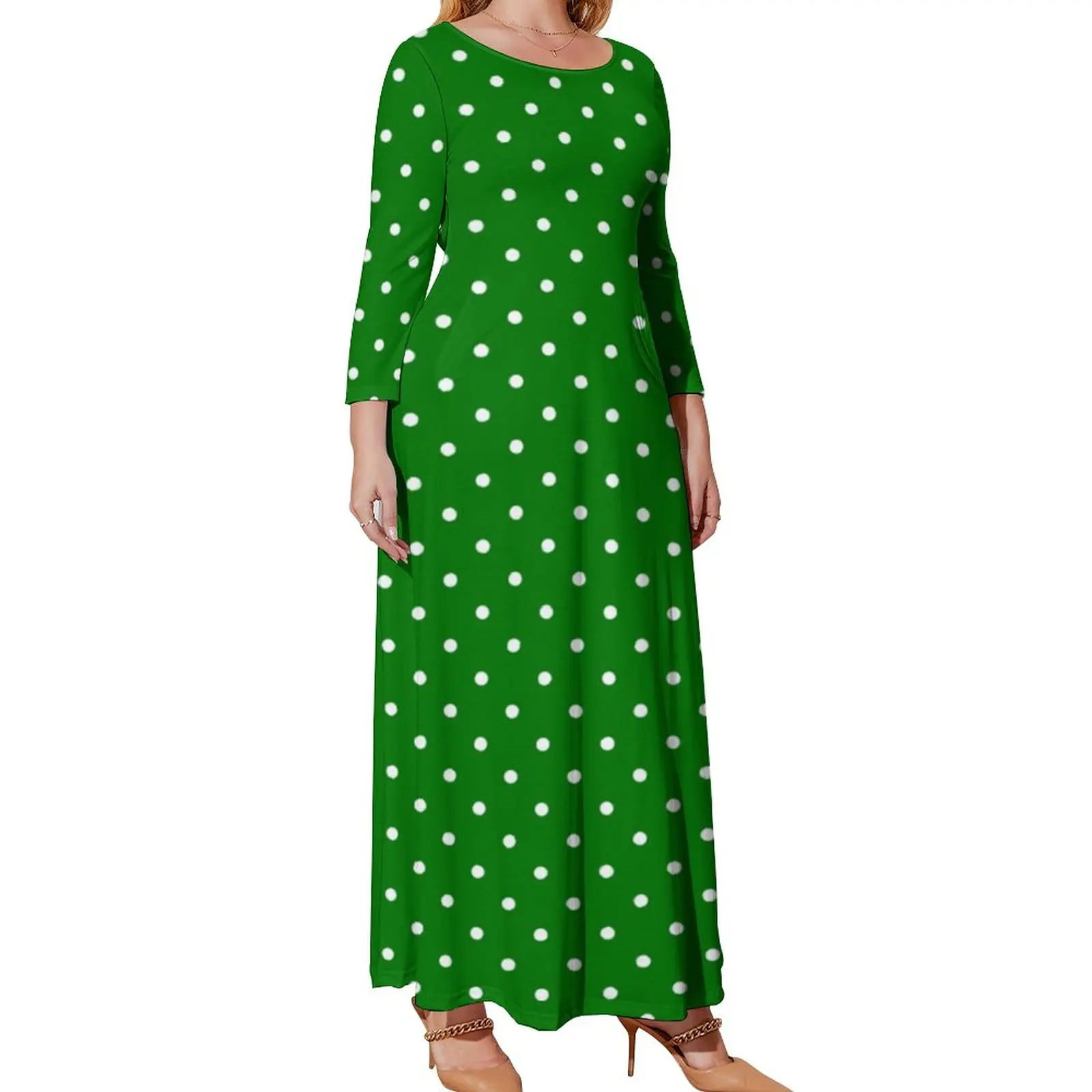 White Polka Dot Holiday Dress Plus Size Polkadot Christmas Green Vintage Graphic Maxi Dress Street Wear Boho Beach Long Dresses