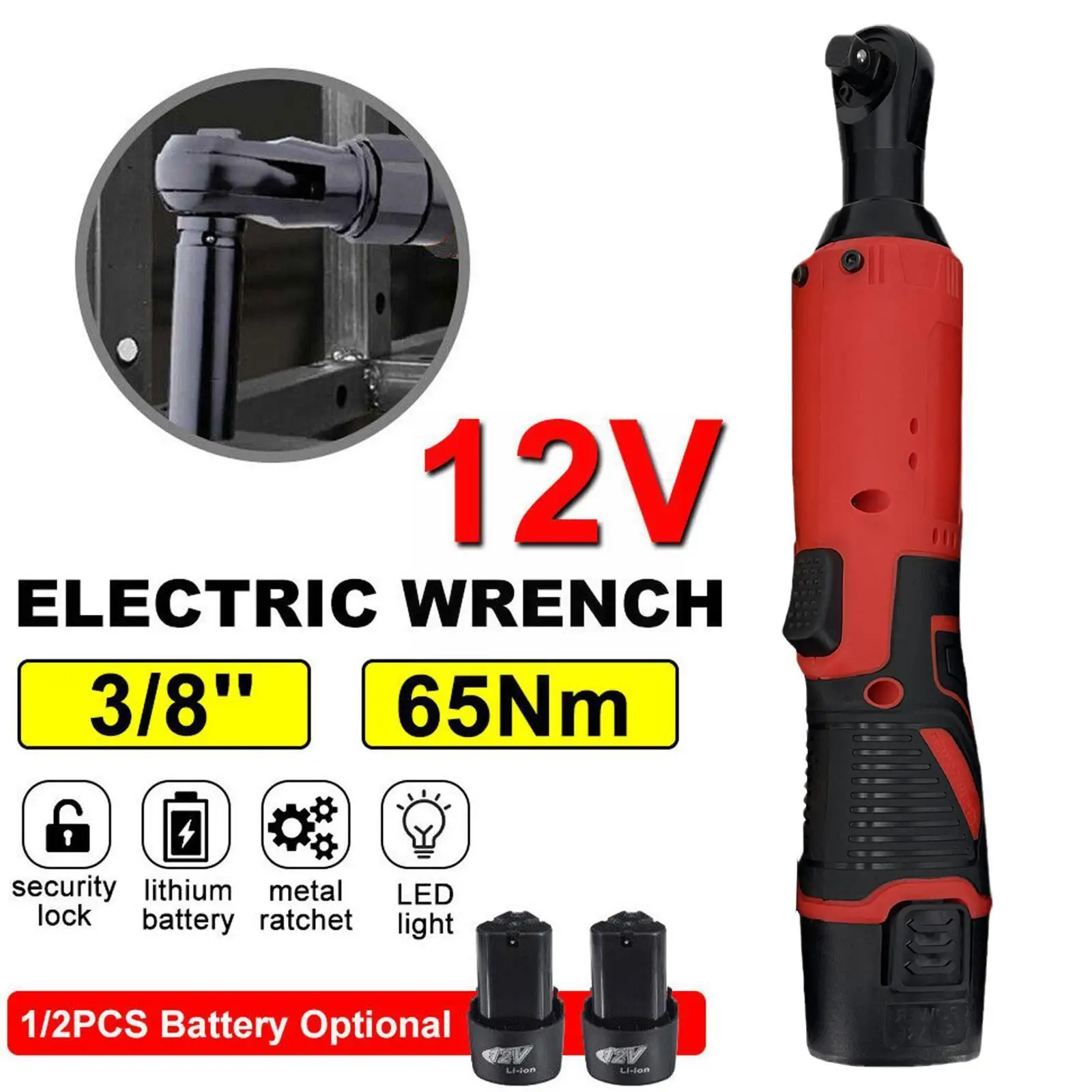 

12V 3/8" Electric Ratchet Wrench 90 Degree Right Angle Torque Tool 65Nm Electric Charging Wrench Ratchet High Repair X8R8
