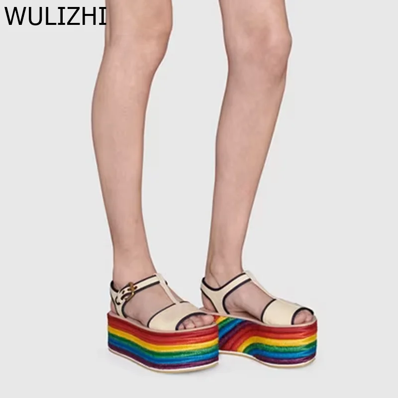 Women Rainbow Boost Platform Espadarille Sandals Open Buckle Nylon Strap Flats Casual Mixed Colors Graffiti Fashion Sewing Shoes