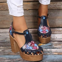 retro flower print sandals womens high heel cutout closed toe platform shoes 2022 summer ladies plus size sandalias de mujer