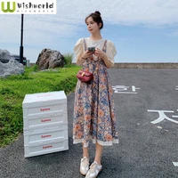 printed dress womens spring and summer 2022 new korean style fashion waist close thin medium length two piece set strap skirt