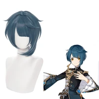 aicker genshin impact synthetic wig short dark blue with bangs xingqiu game cos carnival party cosplay hair heat resistant fiber
