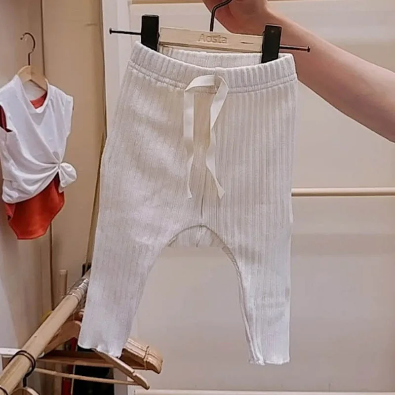 

Toddler Baby Casual Leggings Newborns Ribbed Solid Color Pants Kids Girl Boy Korean Style Clothing Infant Drawstring Belt Pants