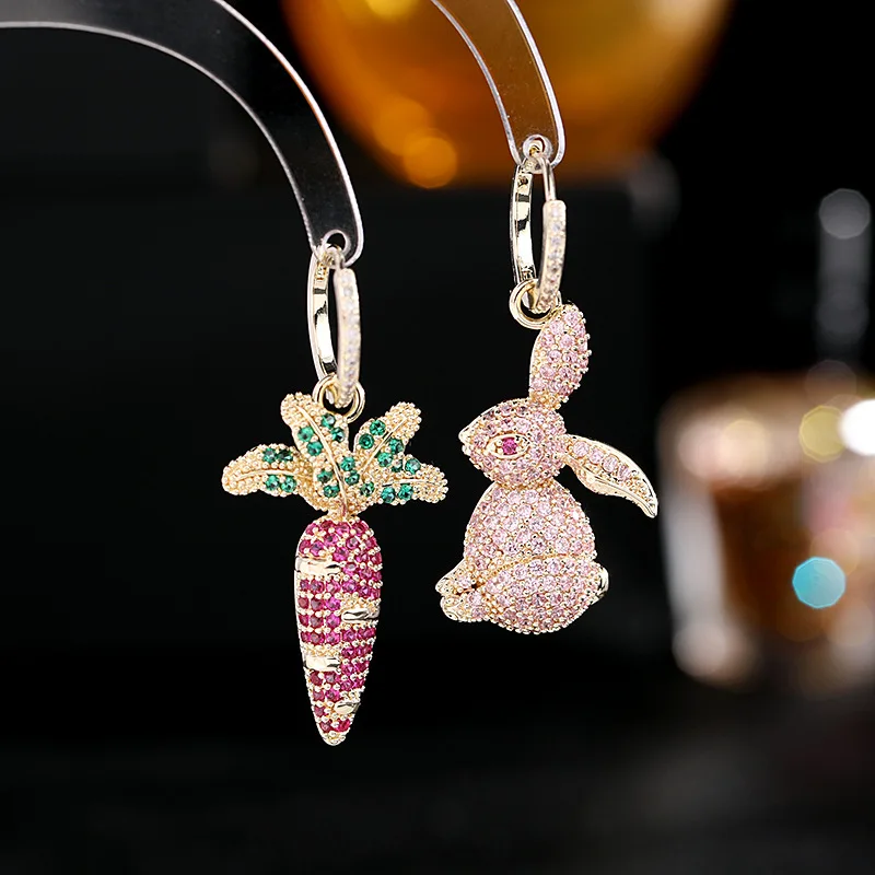 

UMQ Cute Asymmet Gold Rabbit Carrot Hoop Earrings for Women Teen Luxury Pink AAA Cubic Zirconia Fashion Jewelry Friend Gift Box